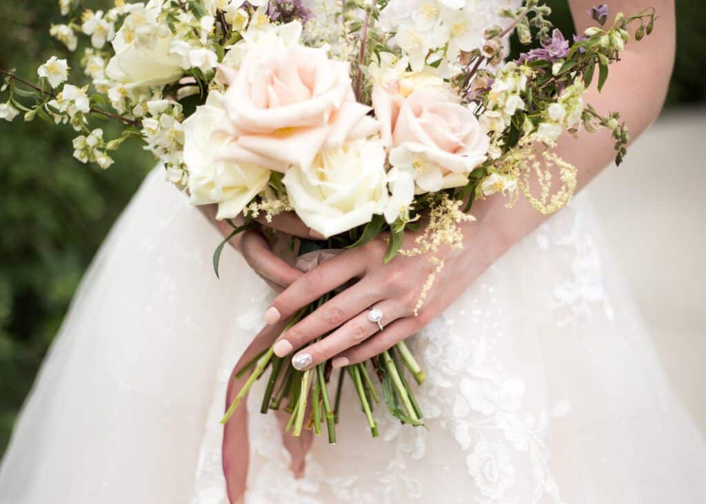 close up ring and wedding flowers