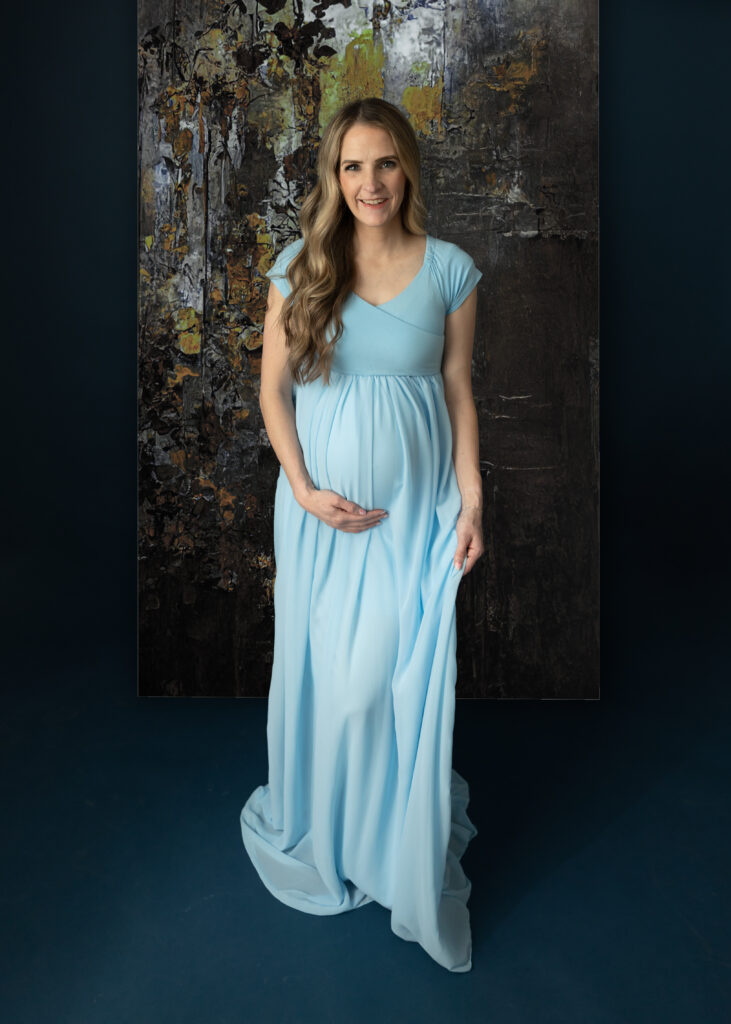 light blue maternity gown studio maternity session portraits