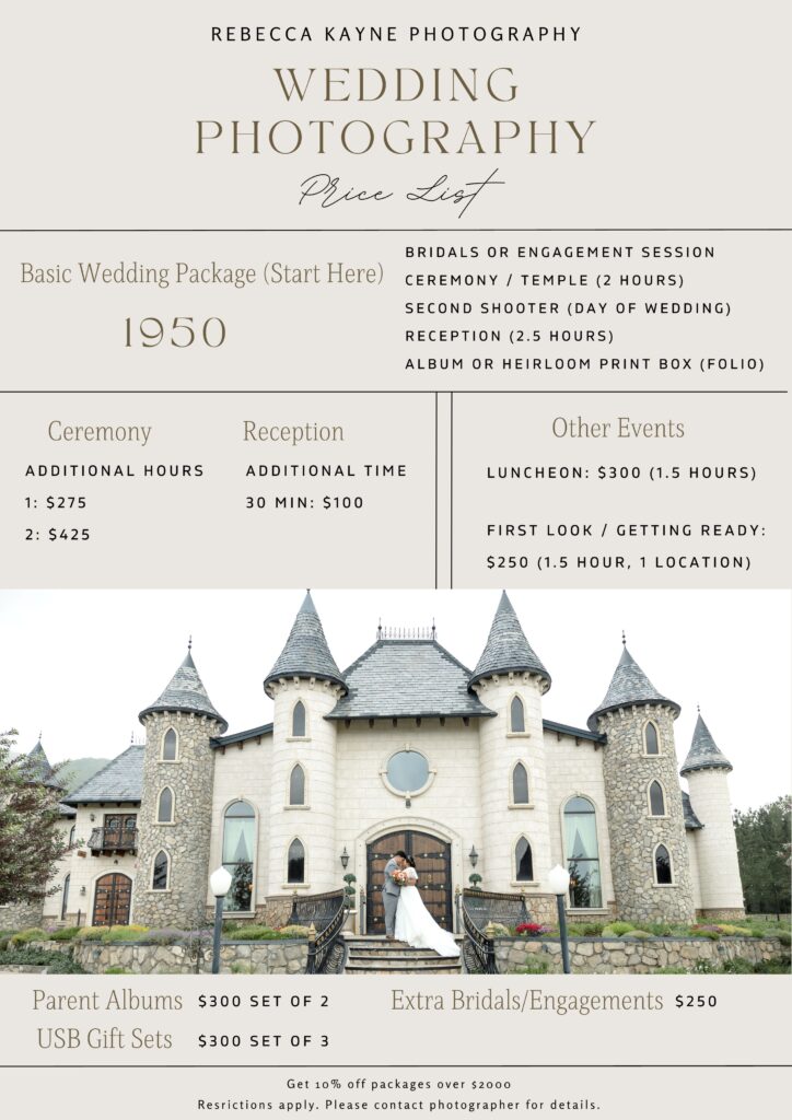 price list for wedding packages for Rebecca Kayne Photography in Utah County