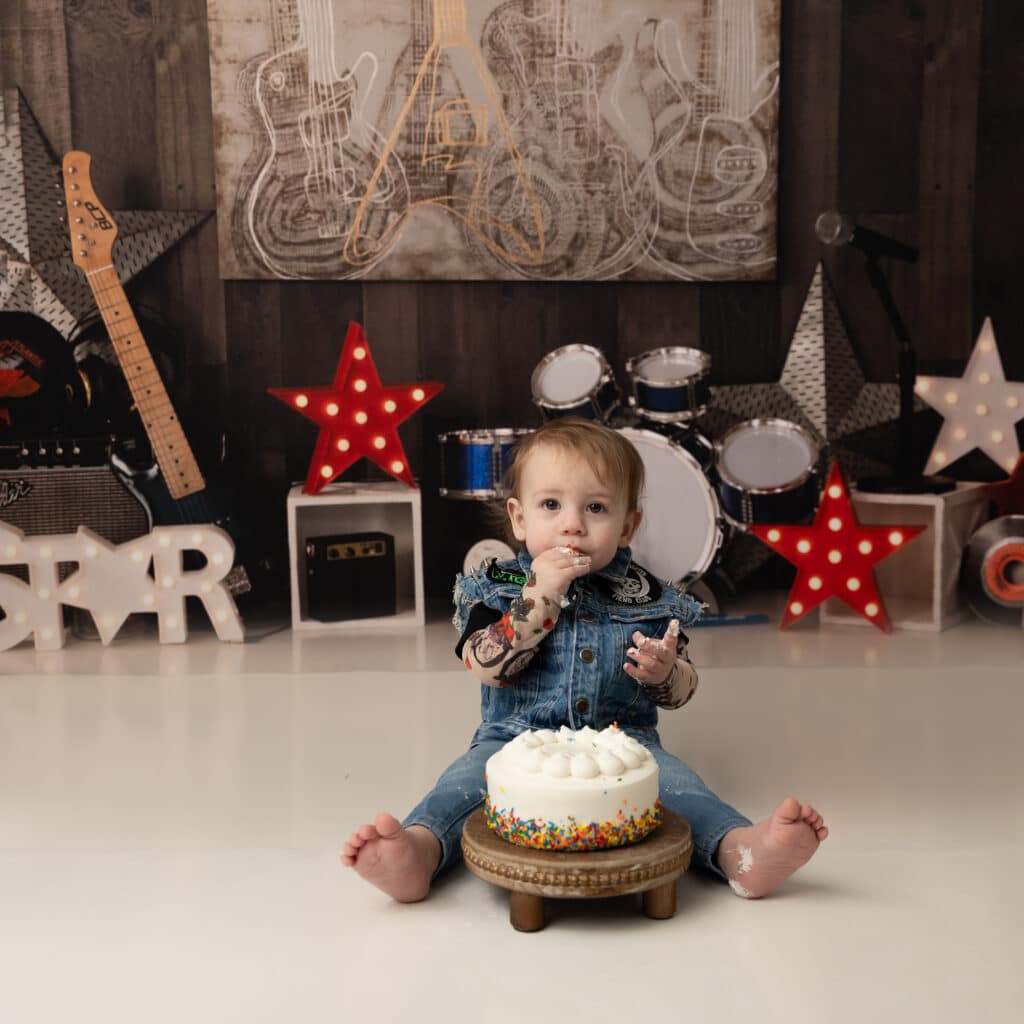 Rock and Roll theme for Cake Smash First birthday photoshoot themes for boys
